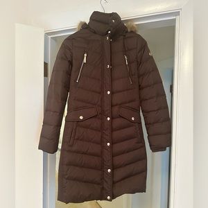 Barely worn Michael Kors Brown and gold long winter jacket with faux fur hood